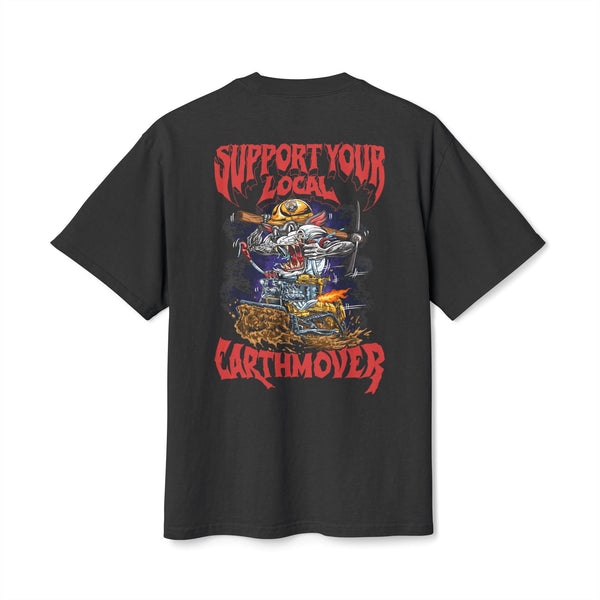 Support Your Local Earthmover - Faded Oversized Heavy T-Shirt - Heavy Equipment Rat Fink Dozer