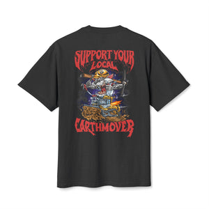 Support Your Local Earthmover - Faded Oversized Heavy T-Shirt - Heavy Equipment Rat Fink Dozer