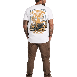 Man wearing a white t-shirt with a graphic design on the back, standing against a white background.
