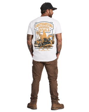 Man wearing a white t-shirt with a graphic design on the back, standing against a white background.