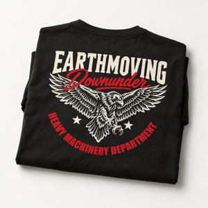 Earthmoving Downunder Heavy Machinery Department eagle tee, black folded back apparel mockup.