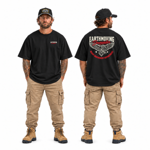Earthmoving Downunder Heavy Machinery Department eagle tee, heavy black front back apparel mockup.