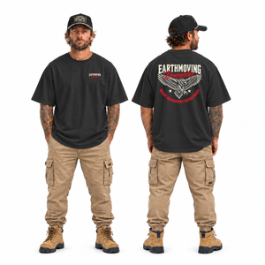 Earthmoving Downunder Heavy Machinery Department eagle tee, heavy faded black front back apparel mockup.