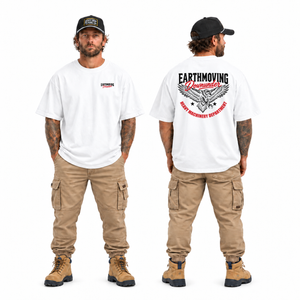 Earthmoving Downunder Heavy Machinery Department eagle tee, heavy white front back apparel mockup.