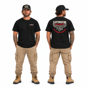 Earthmoving Downunder Heavy Machinery Department eagle tee in Regular Fit Black, front and back model views.