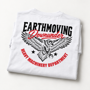 Earthmoving Downunder Heavy Machinery Department eagle tee, white folded back apparel mockup.