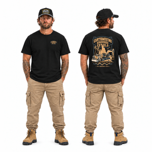 EMDU EST. QLD black tee, full-length model front and back views with chest logo and excavator-and-truck back artwork