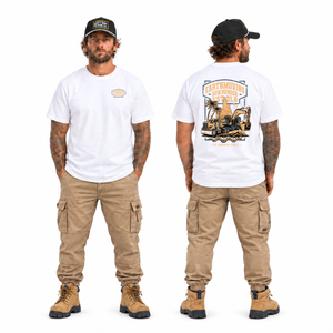 EMDU EST. QLD white tee, full-length model front and back views with chest logo and excavator-and-truck back artwork