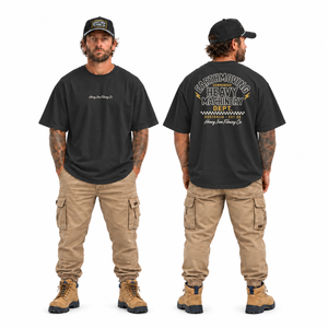 Heavy Machinery Dept tee — Oversize Fit faded black — full-body front and back views with updated Heavy Iron Filming Co chest placement