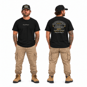 Heavy Machinery Dept tee — Regular Fit black — full-body front and back views with updated Heavy Iron Filming Co chest placement — EST 2017