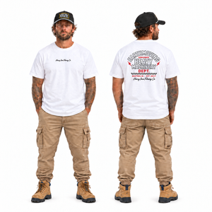 Heavy Machinery Dept tee — Regular Fit white — full-body front and back views with updated Heavy Iron Filming Co chest placement — EST 2017