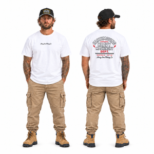 Heavy Machinery Dept tee — Regular Fit white — full-body front and back views with updated Heavy Iron Filming Co chest placement