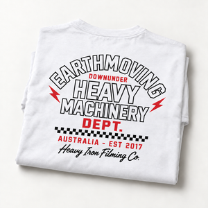 Earthmoving Downunder Heavy Machinery Dept. White tee folded closeup showing the back print — EST 2017
