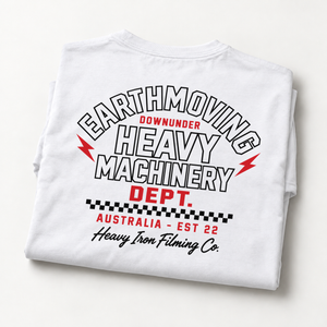 Earthmoving Downunder Heavy Machinery Dept. White tee folded closeup showing the back print