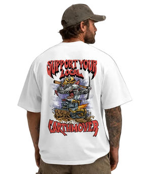 Support Your Local Earthmover - Faded Oversized Heavy T-Shirt - Heavy Equipment Rat Fink Dozer