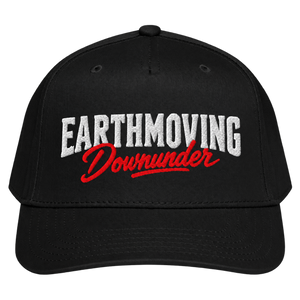 Black Earthmoving Downunder Otto 31-069 cap, front view showing the white and red embroidered wordmark.