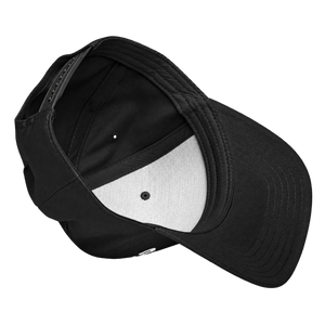 Interior of the black Otto 31-069 cap showing its sweatband, seam tape, label and underside of the peak.