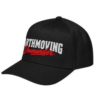 Black Earthmoving Downunder Otto 31-069 cap, left-front view showing white and red embroidery.