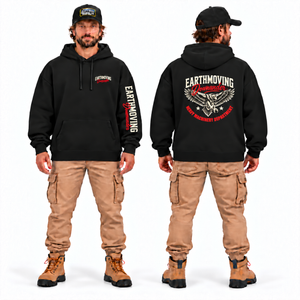Earthmoving Downunder Wedge-tailed Eagle Oversize Hoodie in black — front and back model mockup, left sleeve reads shoulder to cuff