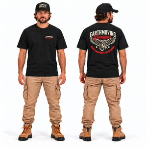 Earthmoving Downunder Wedge-tailed Eagle Tee — Premium Fit Black, front and back model mockup