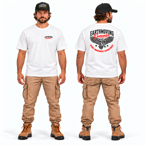 Earthmoving Downunder Wedge-tailed Eagle Tee — Premium Fit White, front and back model mockup