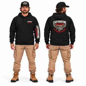 Earthmoving Downunder Wedge-tailed Eagle Premium Hoodie in black — front and back model mockup, left sleeve reads shoulder to cuff