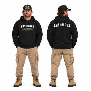 "ERTHMOVA" Black Heavy Oversized Hoodie — Earthmoving Downunder — Black on the EMDU model