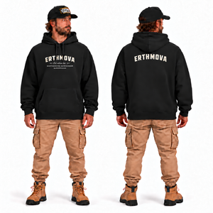 ERTHMOVA Oversize Hoodie in black — front and back model mockup