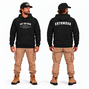 ERTHMOVA Premium Hoodie in black — front and back model mockup