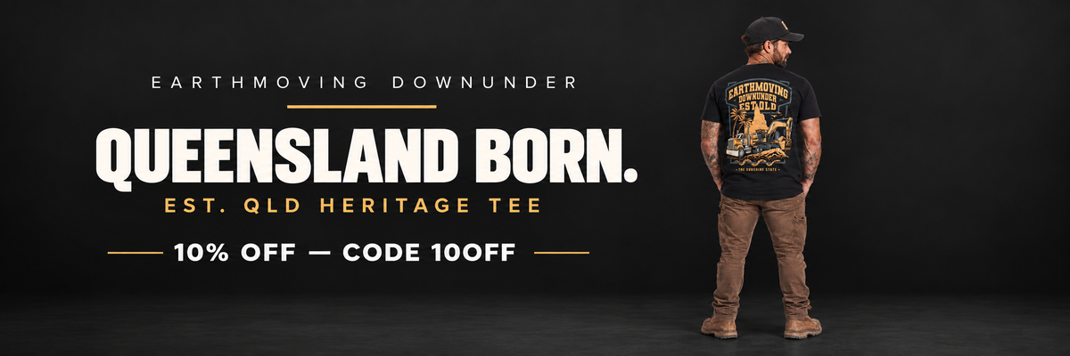 Shop Earthmoving Downunder — Queensland Born. EST. QLD Heritage Tee. Save 10% with code 10OFF.