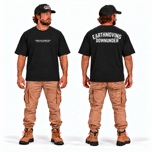 Express Heavy Equipment Parts Tee — Oversize Fit Black, front and back model mockup