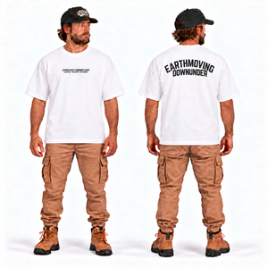 Express Heavy Equipment Parts Tee — Oversize Fit White, front and back model mockup