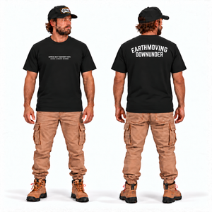 Express Heavy Equipment Parts Tee — Premium Fit Black, front and back model mockup