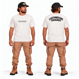 Express Heavy Equipment Parts Tee — Premium Fit White, front and back model mockup