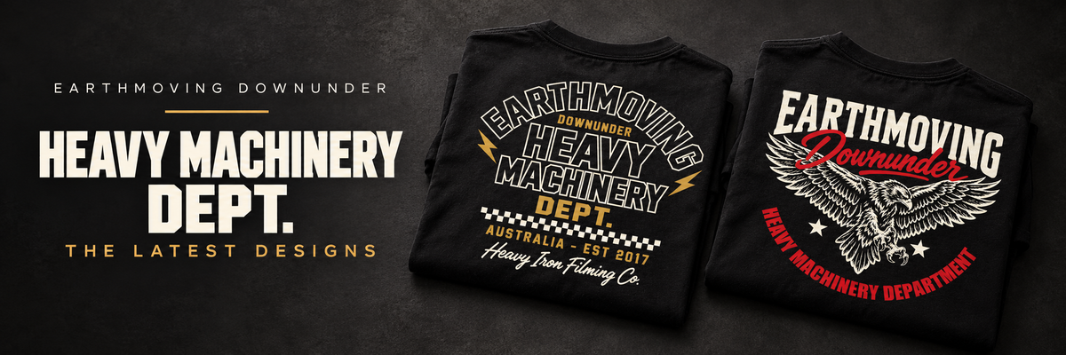 Heavy Machinery Dept. — Heavy Iron Filming Co. and Wedge-tailed Eagle black tees folded neatly on a dark backdrop.