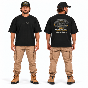 Heavy Machinery Dept. Tee — Oversize Fit Black, front and back model mockup