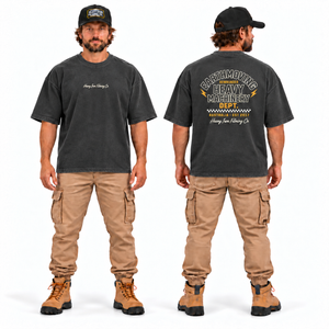 Heavy Machinery Dept. Tee — Oversize Fit Faded Black, front and back model mockup