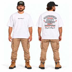 Heavy Machinery Dept. Tee — Oversize Fit White, front and back model mockup