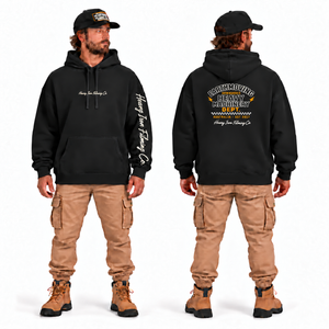 Heavy Machinery Dept. Oversize Hoodie in black — front and back model mockup