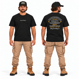 Heavy Machinery Dept. Tee — Premium Fit Black, front and back model mockup