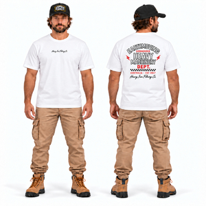 Heavy Machinery Dept. Tee — Premium Fit White, front and back model mockup