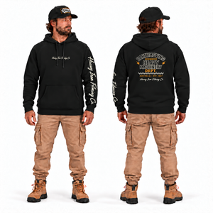 Heavy Machinery Dept. Premium Hoodie in black — front and back model mockup