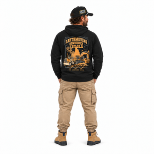 EDMU Heritage Hoodie EST QLD | Premium Australian Earthmoving Apparel — Black on the EMDU model