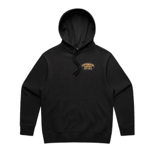 EMDU Heritage EST QLD Oversize Hoodie — black, front with chest artwork