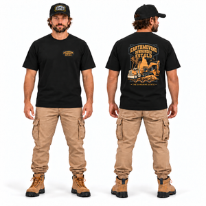 EMDU EST. QLD Heritage Tee — Premium Fit Black, front and back model mockup