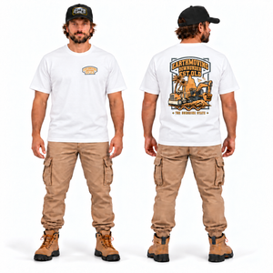 EMDU EST. QLD Heritage Tee — Premium Fit White, front and back model mockup