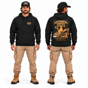 EMDU Heritage EST QLD Premium Hoodie in black — front and back model mockup