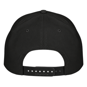 Black Richardson rope cap rear view with plain rear fabric and adjustable snapback closure. Transparent background.