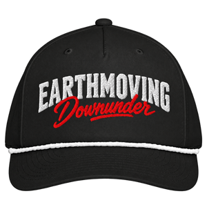 Earthmoving Downunder black Richardson rope cap, front view with white rope and white and red embroidered logo. Transparent background.