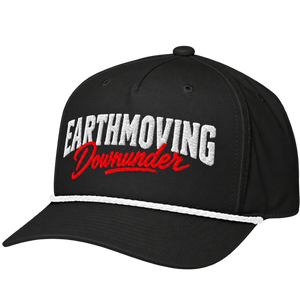 Earthmoving Downunder black Richardson rope cap, left-front view with white rope and white and red embroidery. Transparent background.